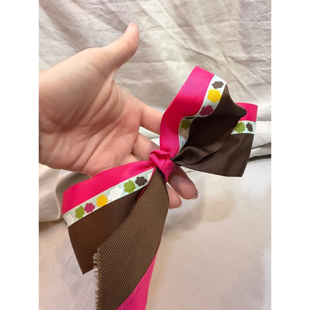 Kids‎  Pink Brown Layered Ribbon Hair Bow French Barrette Clip